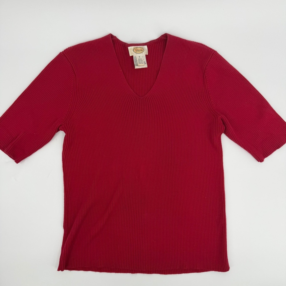 Talbots Sweater Ribbed V-Neck 90s Vintage Women Size S Red Short Sleeve Cotton